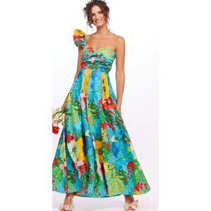 Eva Franco One-Shoulder Pleated Floral Blue Maxi Dress - Matisse. Size 8